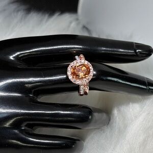 18k Rose Gold P Created Champagne Morganite and CZ Wedding Band Set